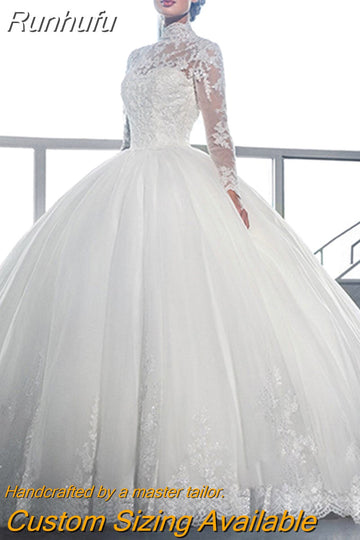Runhufu High end Shiny Arab Lace Applique Wedding Dress Back Button Design Transparent Tulle Long Sleeve High Neck Dubai Robe De